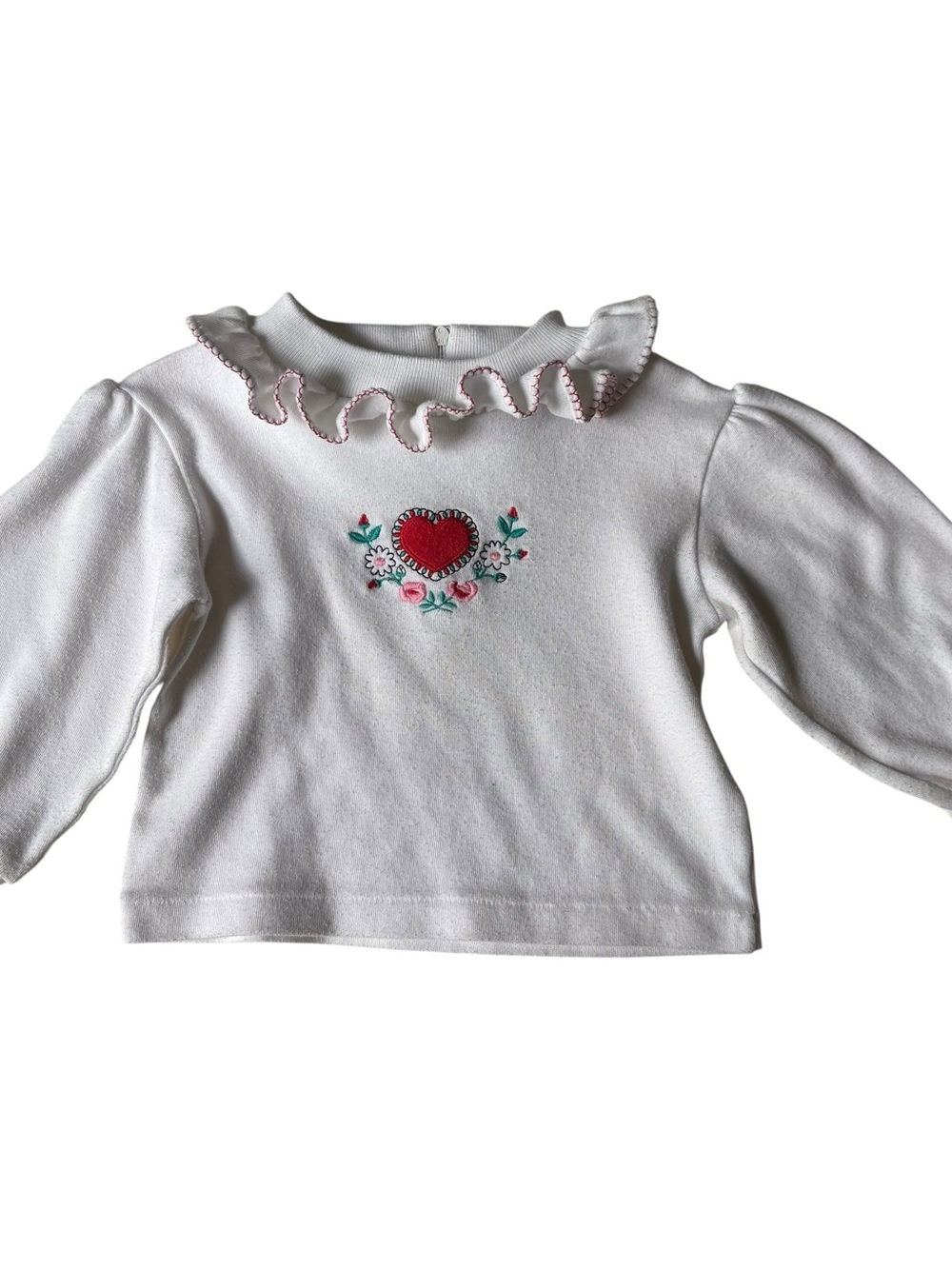Carter's White Long-Sleeve Ruffle Collar Top with Red Heart Embroidery